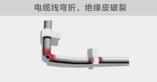 在安裝過程中,由于電線的彎曲半徑過小,或是線夾過緊,導(dǎo)致線纜絕緣皮破裂,產(chǎn)生電弧隱患